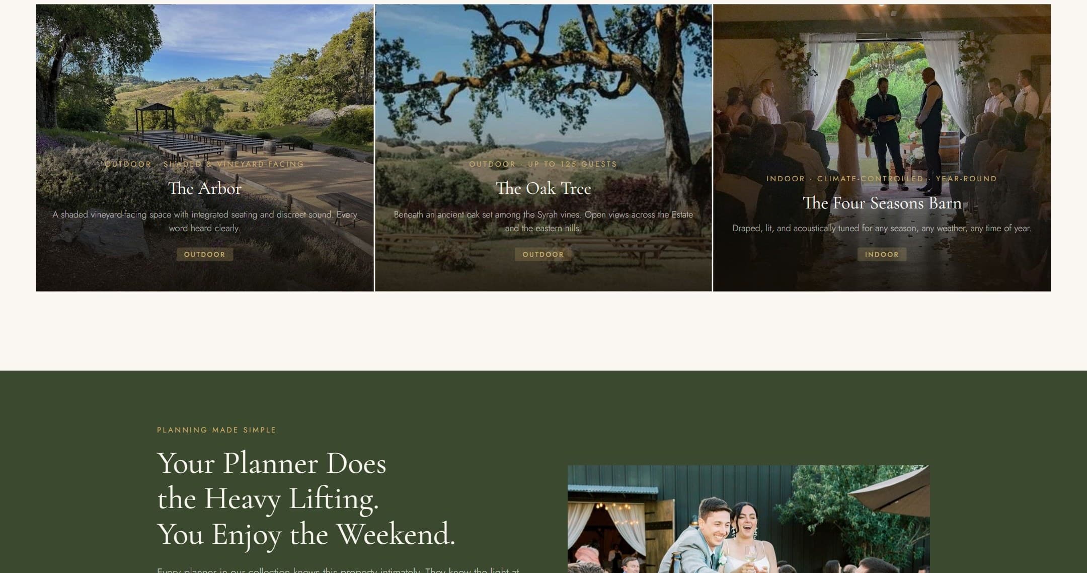 The Arbor, the Oak Tree, and the Four Seasons Barn ceremony spaces